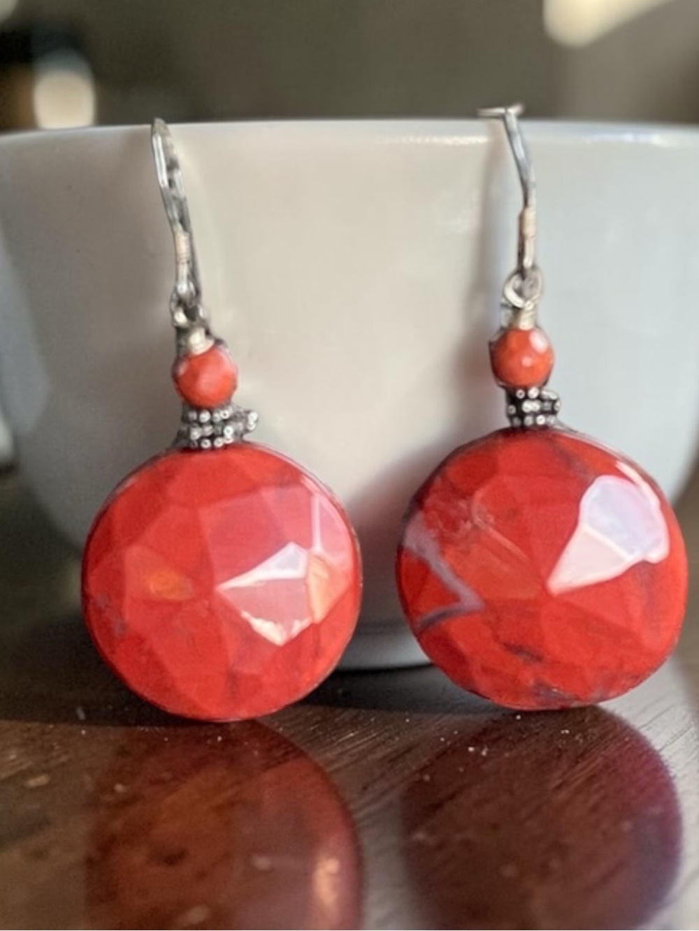 Faceted Red Jasper Disc Sterling Silver Drop Earrings